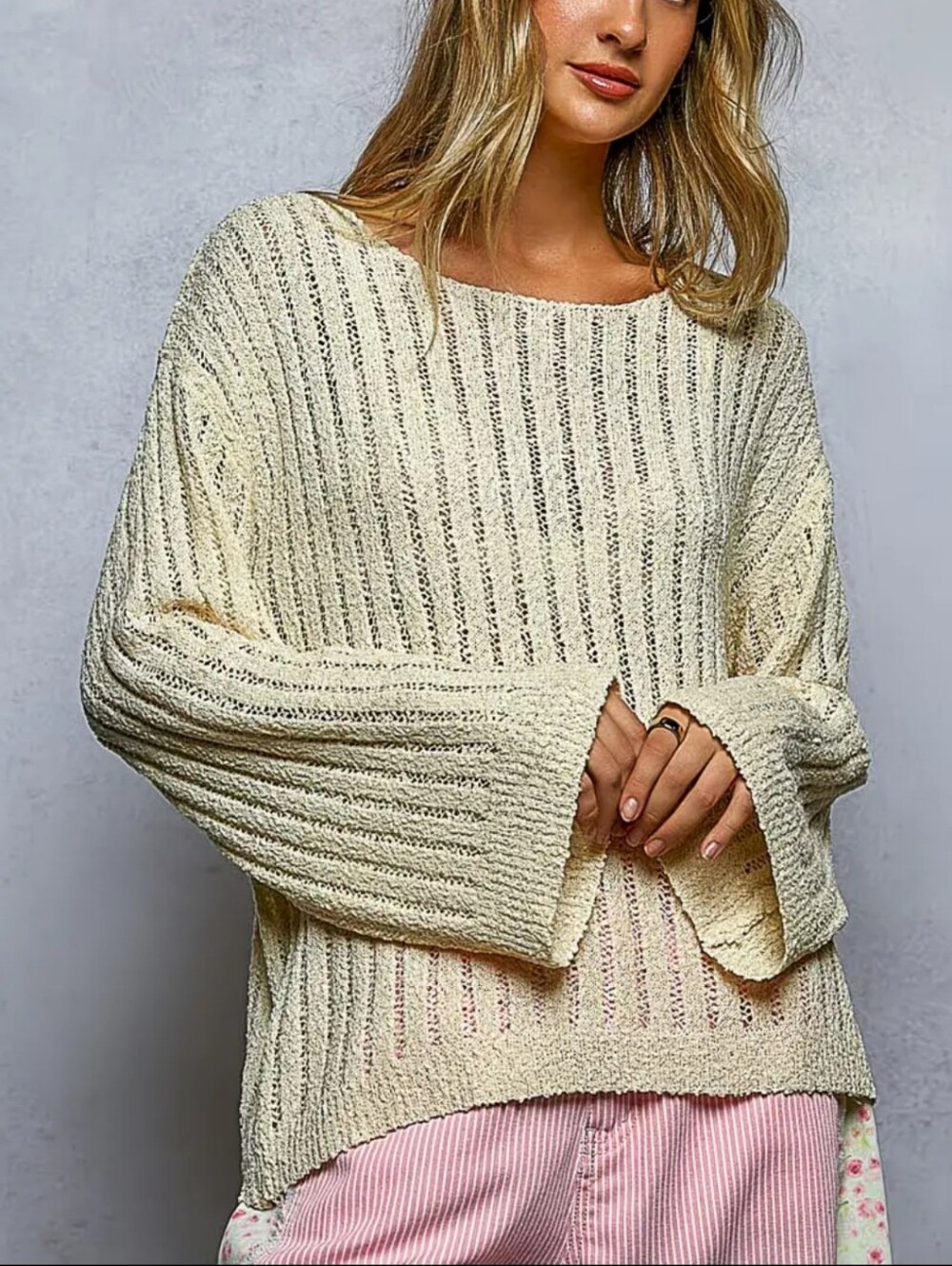 427. POL Natural Cream Ribbed Knit Oversized Lightweight Women's Sweater